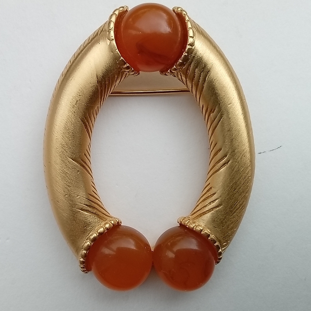 Vintage Signed "Liz Claiborne, INC" Gold-Tone Brooch, Carnelian Orange Cabochons